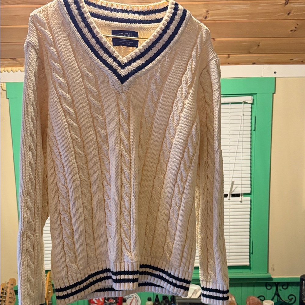 Charles Tyrwhitt Cream V-Neck Sweater with Navy Stripes